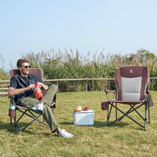 EVER ADVANCED Oversized Folding Camping Chair, for Adults Heavy Duty Lawn Chair with Side Pockets, Portable Collapsible Quad Chair for Outside, Support Up to 500lbs, Red