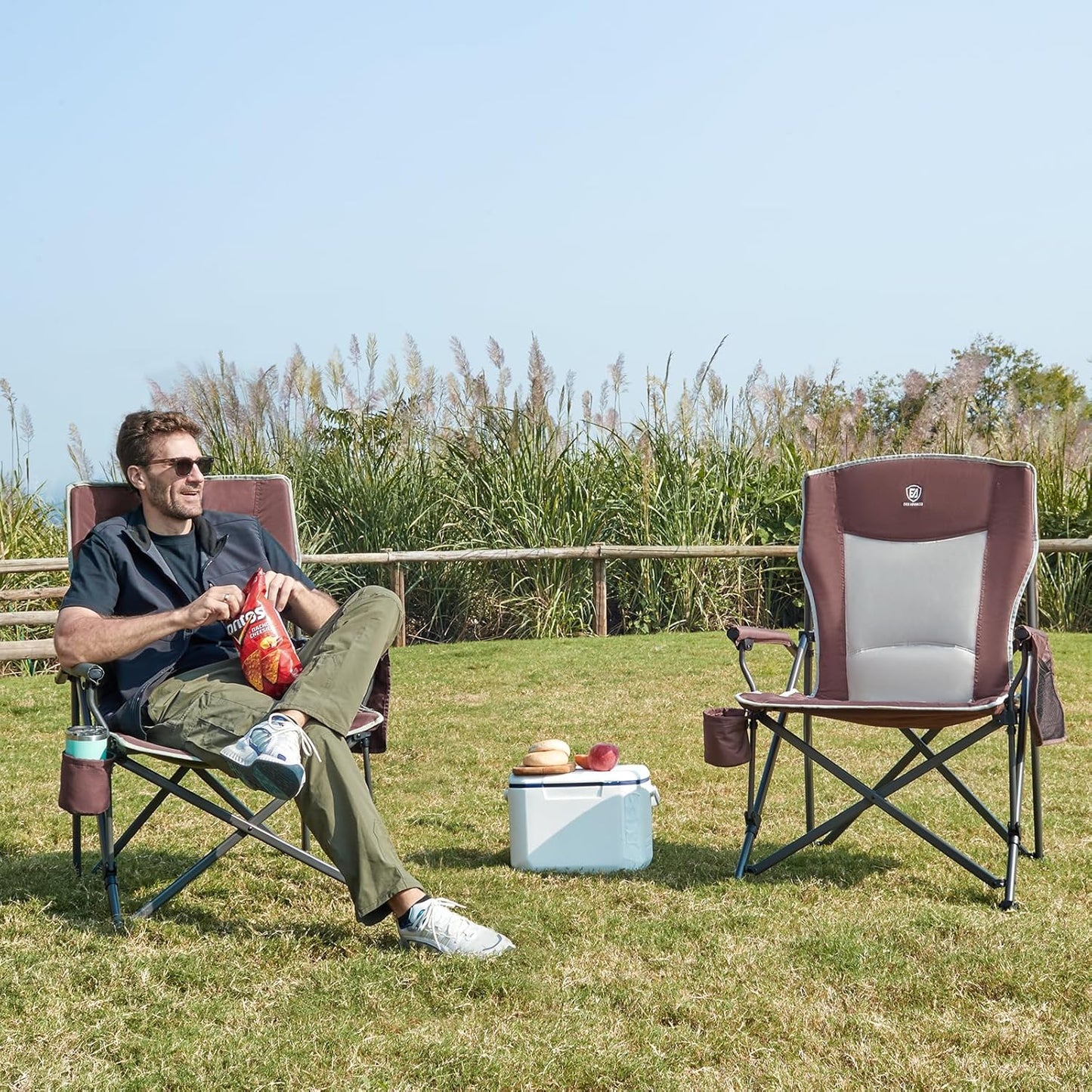 EVER ADVANCED Oversized Folding Camping Chair, for Adults Heavy Duty Lawn Chair with Side Pockets, Portable Collapsible Quad Chair for Outside, Support Up to 500lbs, Red 2Pack