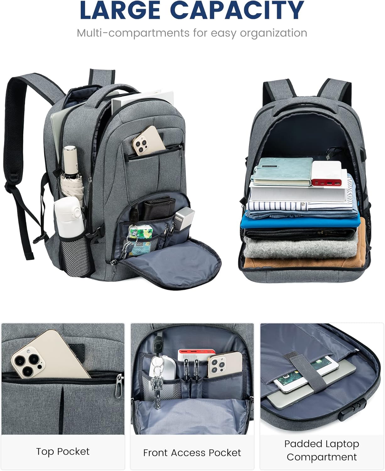 LOVEVOOK 17 inch DarkGrey Travel Laptop Backpack with USB Charging Port, Anti-Theft, Waterproof, Large Computer Business Backpack for Men, College Students