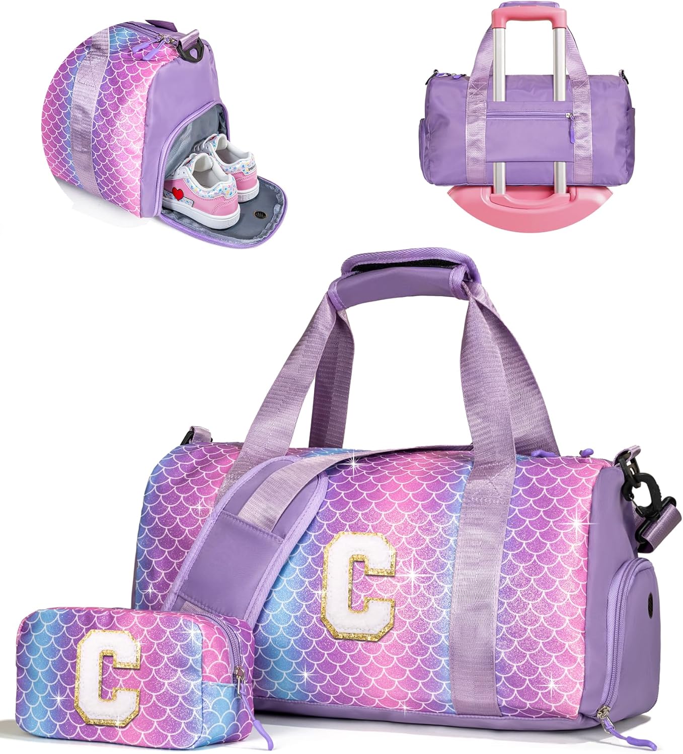 Gifts for 3 4 5 6 7 8 9 Year Old Girls-Girl Gym Bag with Shoe Compartment, Kid Personalized Weekender Overnight Bags, Initial Travel Tote with Makeup Pouch, Easter Gift for Teen (Letter C)