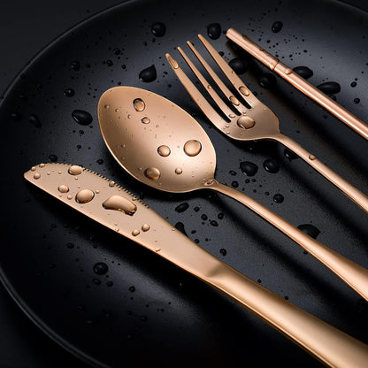 Boulder Bee Travel Utensils | Reusable Camping Cutlery | Stainless Steel Flatware | Portable Silverware Set with Case | Includes Knife/Fork/Spoon/Straw/Cleaning Cloth (Rose Gold)