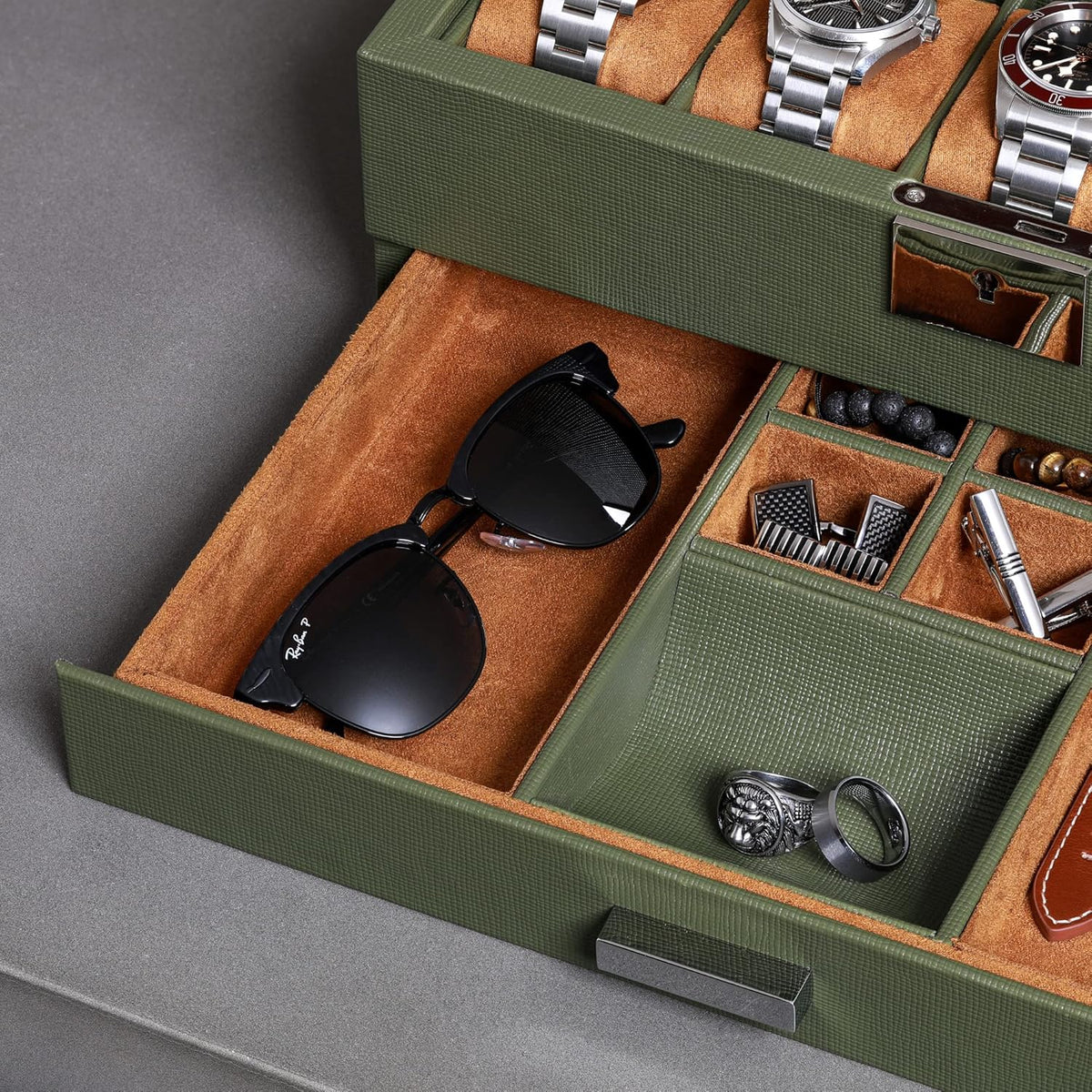 ROTHWELL 10-Slot Watch Box in Leather with Valet Drawer, Luxury Watch Case Display Organizer with Ultra Soft Microsuede Liner, Jewelry and Sunglass Holder With Large Glass top (Green/Tan)