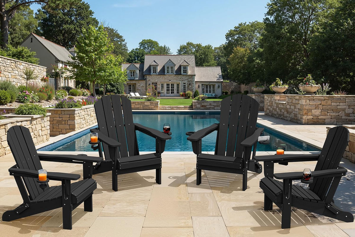 SERWALL Folding Adirondack Chair, Dual Cup Holders & All-Weather HDPE, Wood-Like Patio Chair for Backyard, Camping，Pool & Fire Pit- Black