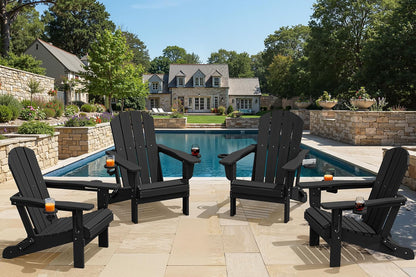 SERWALL Folding Adirondack Chair, Dual Cup Holders & All-Weather HDPE, Wood-Like Patio Chair for Backyard, Camping，Pool & Fire Pit- Black