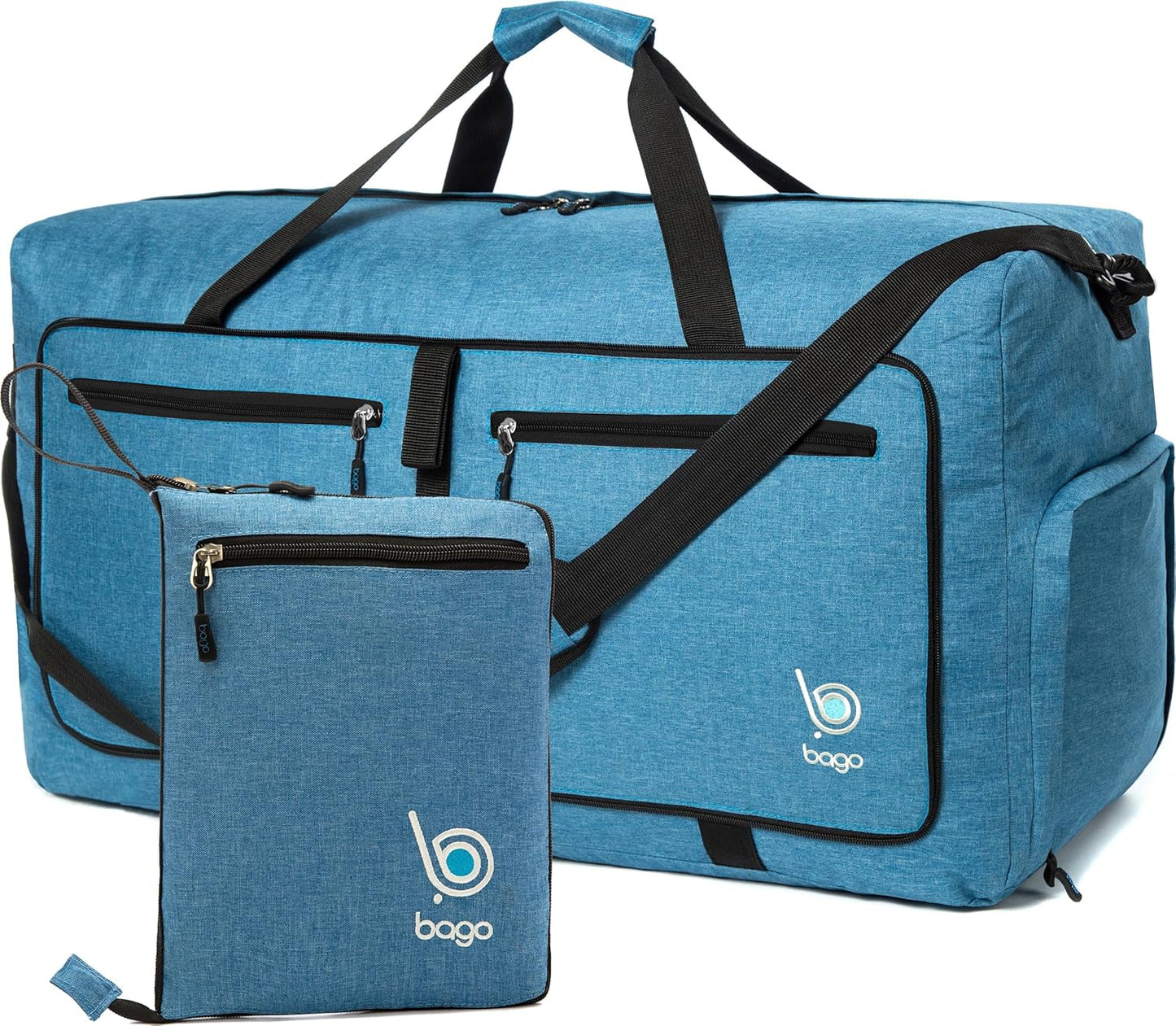 Bago Large Foldable Duffel Bags for Traveling Women & Men - 80L Packable Duffle Bag for Travel with Shoe Compartment - Water Repellant, Heavy Duty, Lightweight Folding & Collapsible (SnowBlue)