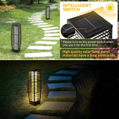 Solar Powered Outdoor Floor, 2 Piece Outdoor Floor Lamps, Solar Lanterns Waterproof Resin Wicker, Weather-Resistant Rattan Deck Light for Patio, Lawn, Porch, Garden