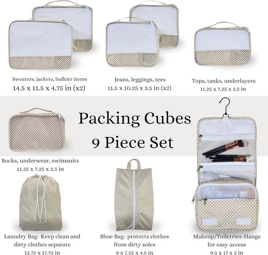 9 Set Packing Cubes - Suitcase Organizer, Cute Packing Cubes, Travel Bags Organizer for Luggage with Hanging Toiletry and Shoe Bag, Travel Essentials for Women, Men and Kids -Gingham