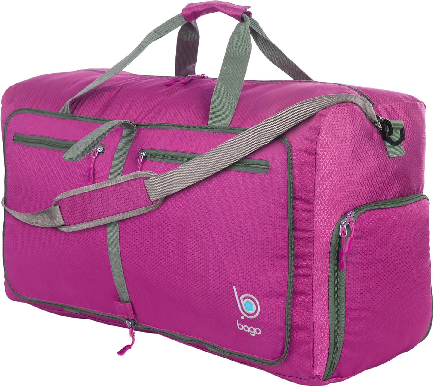Bago Foldable Duffel Bags for Traveling Women & Men - 60L Medium Packable Duffle Bag for Travel with Shoe Compartment - Water Repellant, Heavy Duty, Lightweight Folding & Collapsible (Pink)