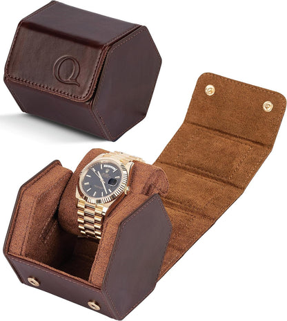 Leather Watch Cases for Men - Hexagon Single & Double Watch Roll Travel Case - Genuine Napa Leather with Velvet Interior - Storage & Display Holder for 1 Watch or 2 Watches
