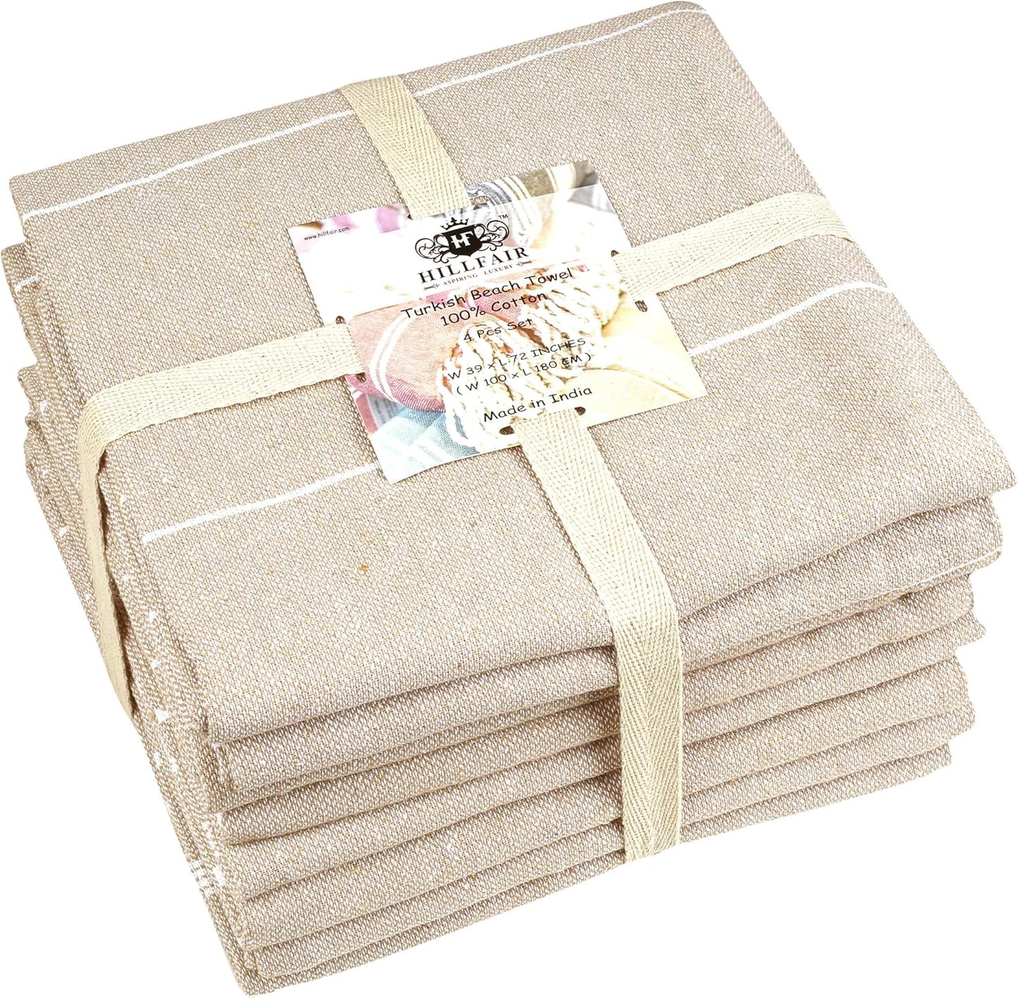 HILLFAIR Cotton Turkish Beach Towels, Quick Dry Lightweight Sand Free Peshtemal Towel for Bath Swim Yoga Spa Travel, Beach Accessories, Oversized Cotton Turkish Towels (39 x 72 inch- 4 Pack Beige)