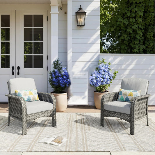 HOOOWOOO Patio Furniture Set,2 Pieces Outdoor Wicker Chairs Set,All Weather Bistro Chairs with Comfy High Back,Light Gray