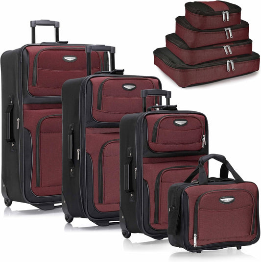 Travel Select Amsterdam 8-Piece Softside Expandable Luggage Set, Lightweight 2-Wheel Suitcases with Packing Cubes & Travel Tote, Durable Polyester Construction, Burgundy