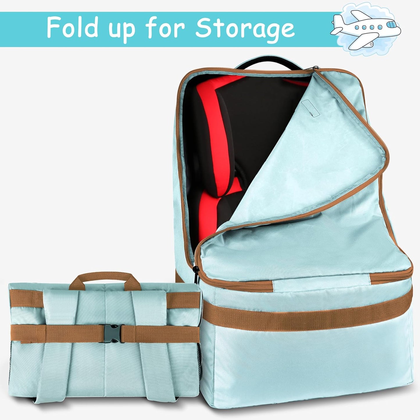 YOREPEK Padded Car Seat Travel Bag for Air Travel, Carseat Cover Backpack with Shoulder Straps, Large Carseat Gate Check Bag, Baby Travel Essential(Light Cyan)