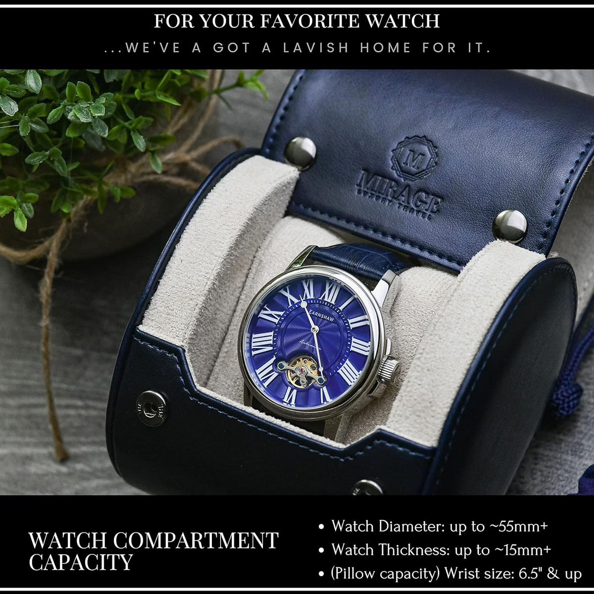Blue/Ivory - 1 Watch Travel Case for Men - Single Watch Case Storage - Gift Idea Travel Accessory - Midnight Blue/Ivory - Mirage Watch Roll Cases Vegan Leather