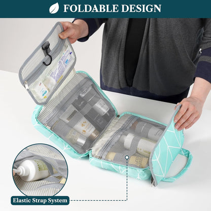 PAVILIA Hanging Toiletry Bag Travel Bag Women Men, Foldable Cosmetic Organizer, Roll up Makeup Bag, Water Resistant Accessories Toiletries, Large Travel Essentials Kit (Teal Chevron)