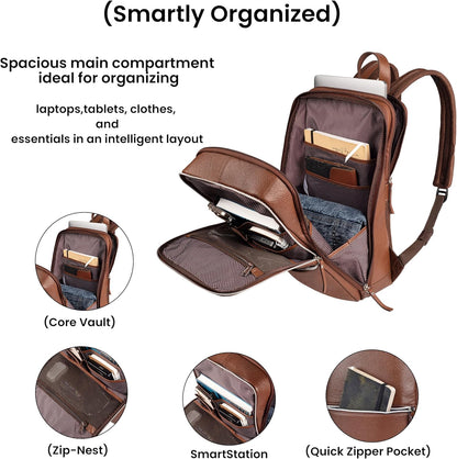LEATHER VILLAGE Leather Laptop Backpack for Men |Brown | Slim Professional Business Bag Fits 15.6”-Laptop | Water-Repellent Work & Travel Daypack with Trolley Strap