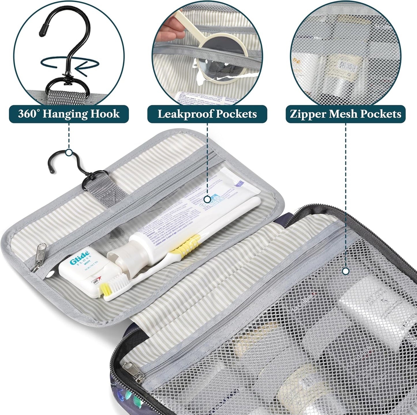 PAVILIA Hanging Toiletry Bag Travel Bag Women Men, Foldable Cosmetic Organizer, Roll up Makeup Bag, Water Resistant Accessories Toiletries, Large Travel Essentials Kit (Grey Floral)