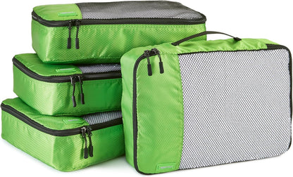 Amazon Basics Medium Packing Cubes for Travel, Packing Organizers, 4-Piece-Set With Double Zipper Pulls and Mesh Top Panel, 100% Durable Polyester, Green, 13.8"L x 9.8"W x 3"H