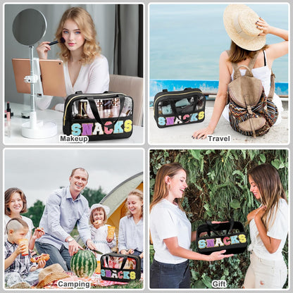 Snack Bag for Travel - Chenille Letter Clear Makeup Bag, Large Preppy Patch Snack Cosmetic Bag with Handle and Zipper, Cute Makeup Pouch Nylon&PVC Waterproof Toiletry Organizer Storage for Women