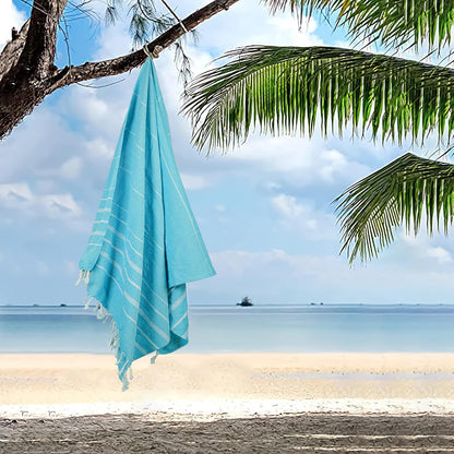 HILLFAIR Cotton Turkish Beach Towels, Quick Dry Lightweight Sand Free Peshtemal Towel for Bath Swim Yoga Pool Travel, Beach Accessories, Oversized Cotton Turkish Towels (39 x 72 inch- 4 Pack Sky)