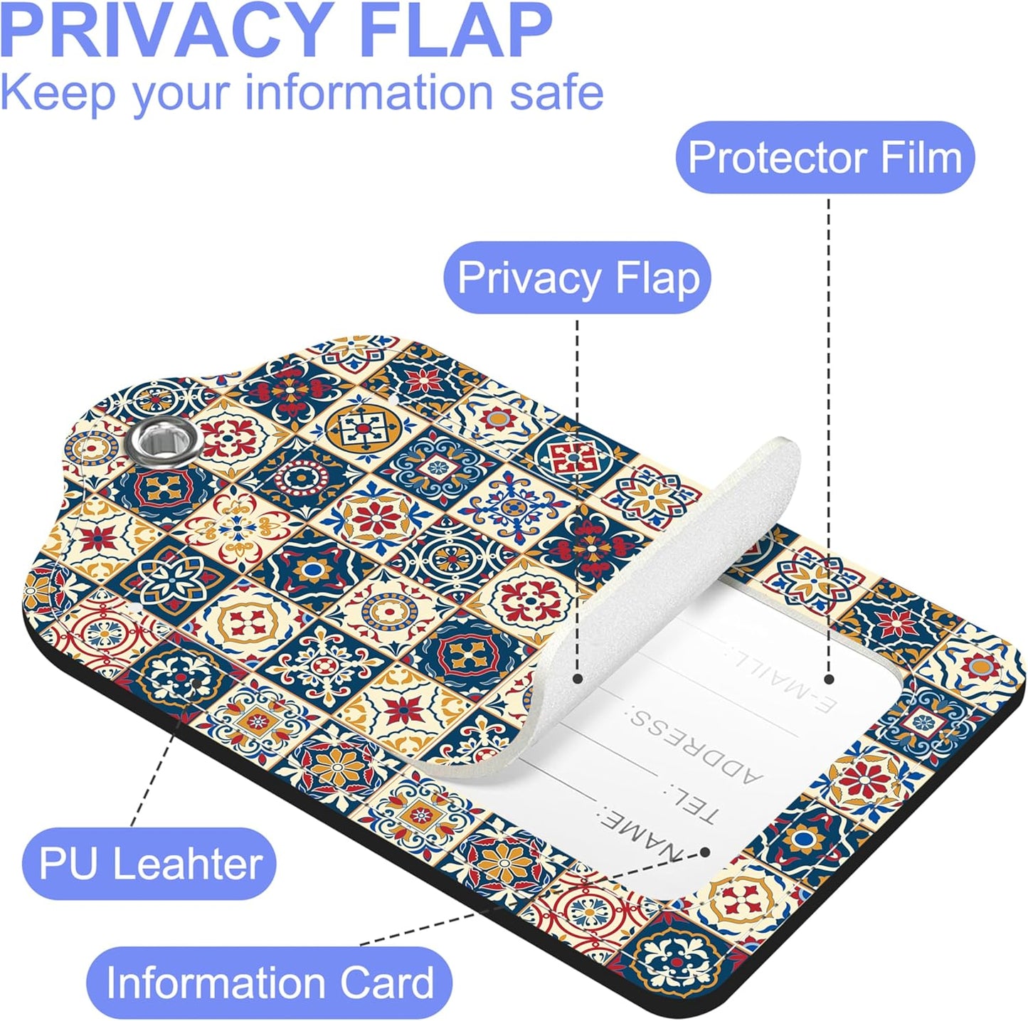 2 Pack Luggage Tags Colorful Moroccan Portuguese Tiles PU Leather Baggage Tag with Privacy Cover Stainless Steel Loop and Name ID Card for Men Women Travel Bag Luggage Accessories