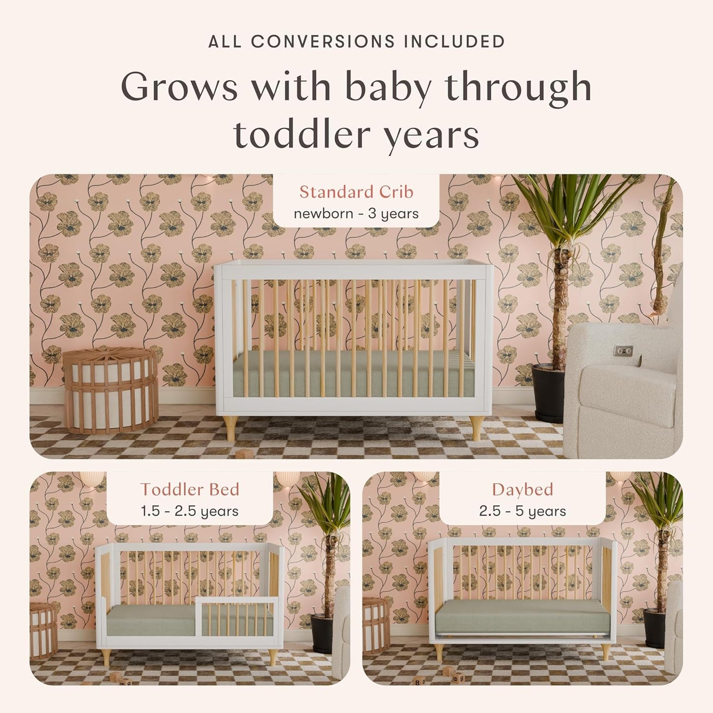 Babyletto Lolly 3-in-1 Convertible Crib with Toddler Bed Conversion Kit in White and Natural, Greenguard Gold Certified