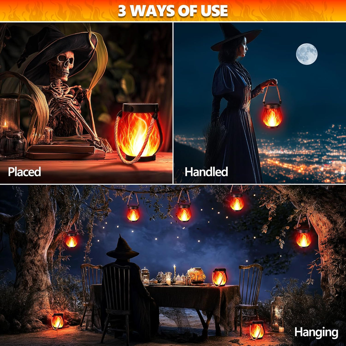 Halloween Solar Flame Lantern Hanging Outdoor Waterproof Purple - 2 Pack Flame Lanterns with Dual Charging Modes of Solar & USB for Garden or Yard Halloween Decorations (Red - 2 Pack)
