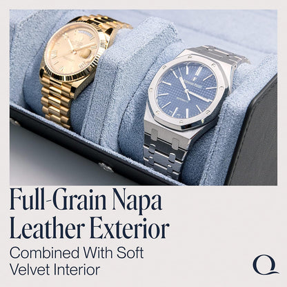 Napa Leather Watch Rolls for Men - Hexagon Triple Watch Roll Travel Case for 3 Watches - Storage Organizer Genuine Leather with Velvet Interior Display (Gray/Blue)