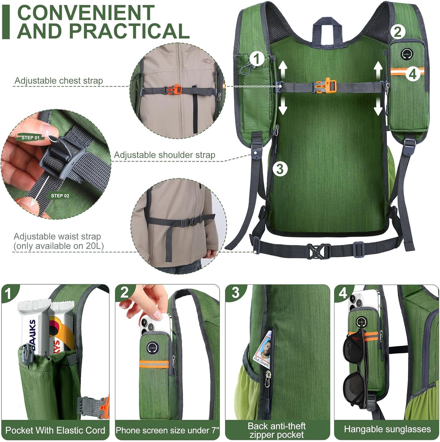 20L Small Hiking Backpack for Men Women Foldable Packable Back Pack Ultralight Hiking Daypack for Travel Camping Outdoor, Olive Green