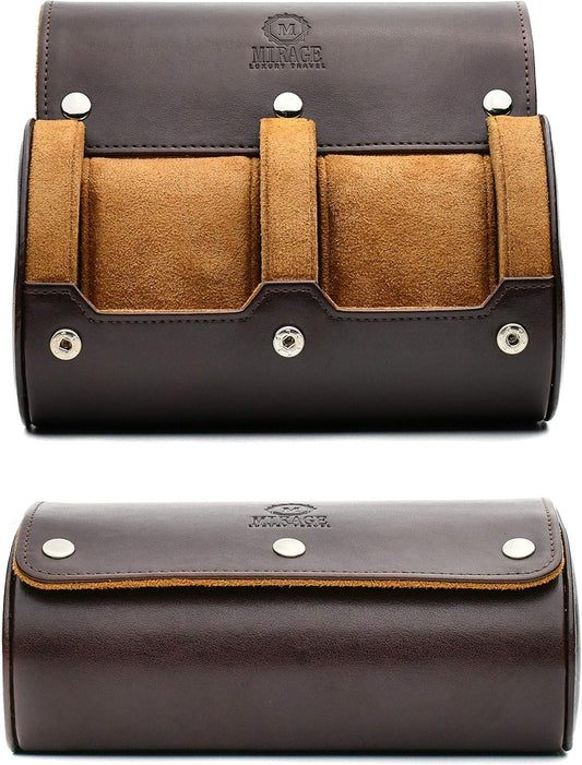 2 Watch Travel Case for Men Vegan Leather Watch Roll Case Organizer and Display - Elegant Gift - Espresso Brown Vegan Leather