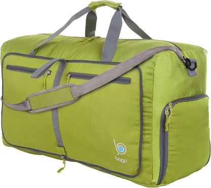 Bago Large Foldable Duffel Bags for Traveling Women & Men - 80L Packable Duffle Bag for Travel with Shoe Compartment - Water Repellant, Heavy Duty, Lightweight Folding & Collapsible (Green)