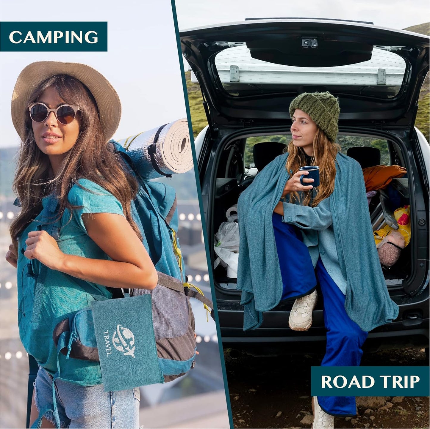 PAVILIA Travel Blanket Airplane Compact with Bag, Small Travel Pillow Blanket Long Flights, Lightweight Plane Blanket with Luggage Strap, Camping Blanket for Traveler Essentials, Teal Blue, 65x40