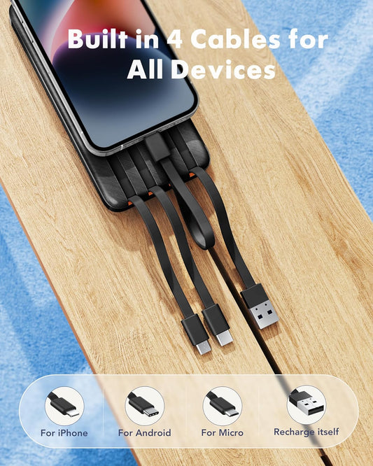 charmast 20000mAh Portable Charger with Built in Cables, 22.5W Travel Power Bank Fast Charging, USB C Cell Phone Battery Pack for iPhone 16/15/14/13/12/11 Series, iPad, Samsung, Android, Tablet