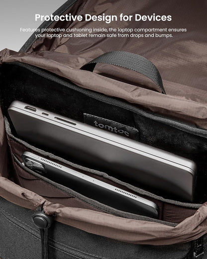 tomtoc Flap Laptop Backpack, Lightweight, Water-Resistant Casual Daypack, Durable Work-pack, Vintage Classic Rucksack for 13-15.6 Inch Laptop, perfect for Campus, Street, 22L Black