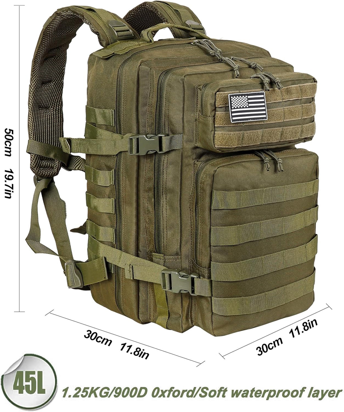 LHI Military Tactical Backpack for Men and Women 45L Army 3 Days Assault Pack Bag Large Rucksack with Molle System - Green