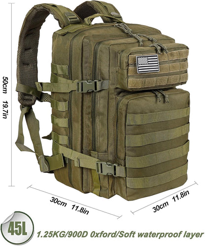 LHI Military Tactical Backpack for Men and Women 45L Army 3 Days Assault Pack Bag Large Rucksack with Molle System - Green
