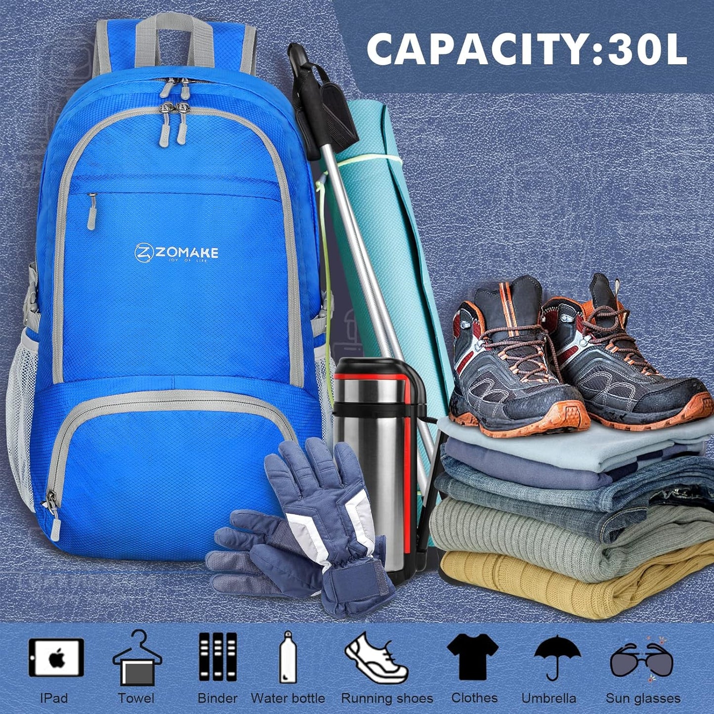 ZOMAKE Lightweight Packable Backpack 30L, Foldable Hiking Backpacks Water Resistant Compact Folding Daypack for Travel(Dark Blue)