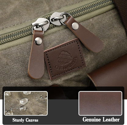 Waxed Canvas Duffle Bag for Men 60L Travel Duffel Bags Expandable Genuine Leather Duffel Overnight Weekender Carry On Bag Two Zipper Pockets Travel Bag (Vintage Grey, X Large-60L)