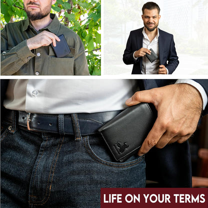 BULL GUARD Genuine Nappa Leather Trifold Wallet For Men RFID And ID Window