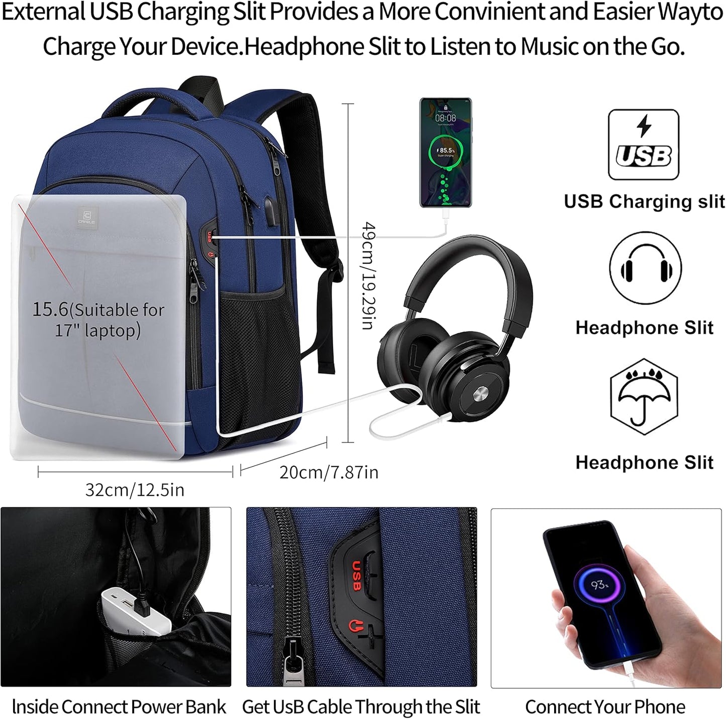 Backpack,Travel Backpack,School Backpack, 17.3 Inch Business Laptop Backpack with USB Charging Port,TSA Water Resistant College Bookbag Gifts for Men Women Boys Teen,Blue