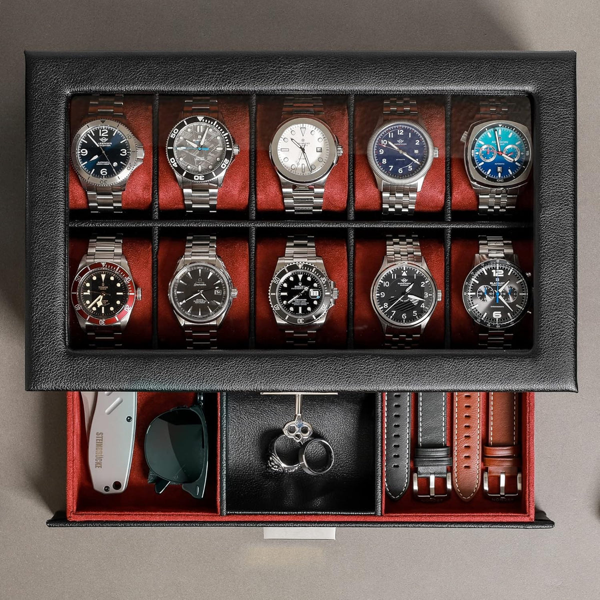 ROTHWELL 10-Slot Watch Box in Leather with Valet Drawer, Luxury Watch Case Display Organizer with Ultra Soft Microsuede Liner, Jewelry and Sunglass Holder With Large Glass top (Black/Red)