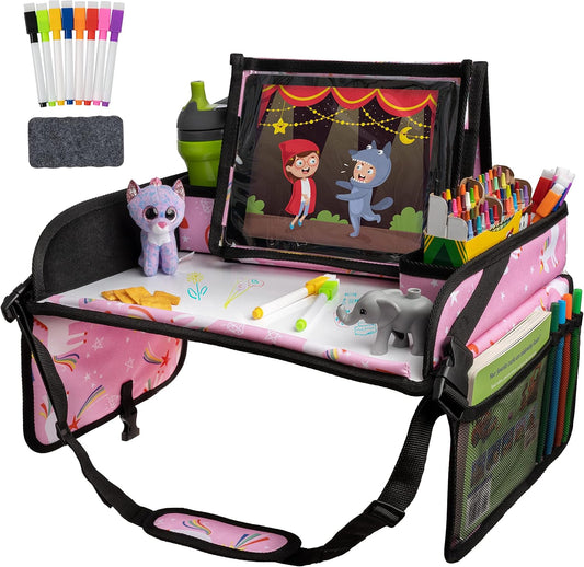 Lusso Gear Car Seat Travel Tray for Toddlers - Pink Unicorn, 600D Oxford Cloth - Dry Erase Activity Table & Tablet Holder - Airplane Tray Table Cover for Kids & Road Trip Essential