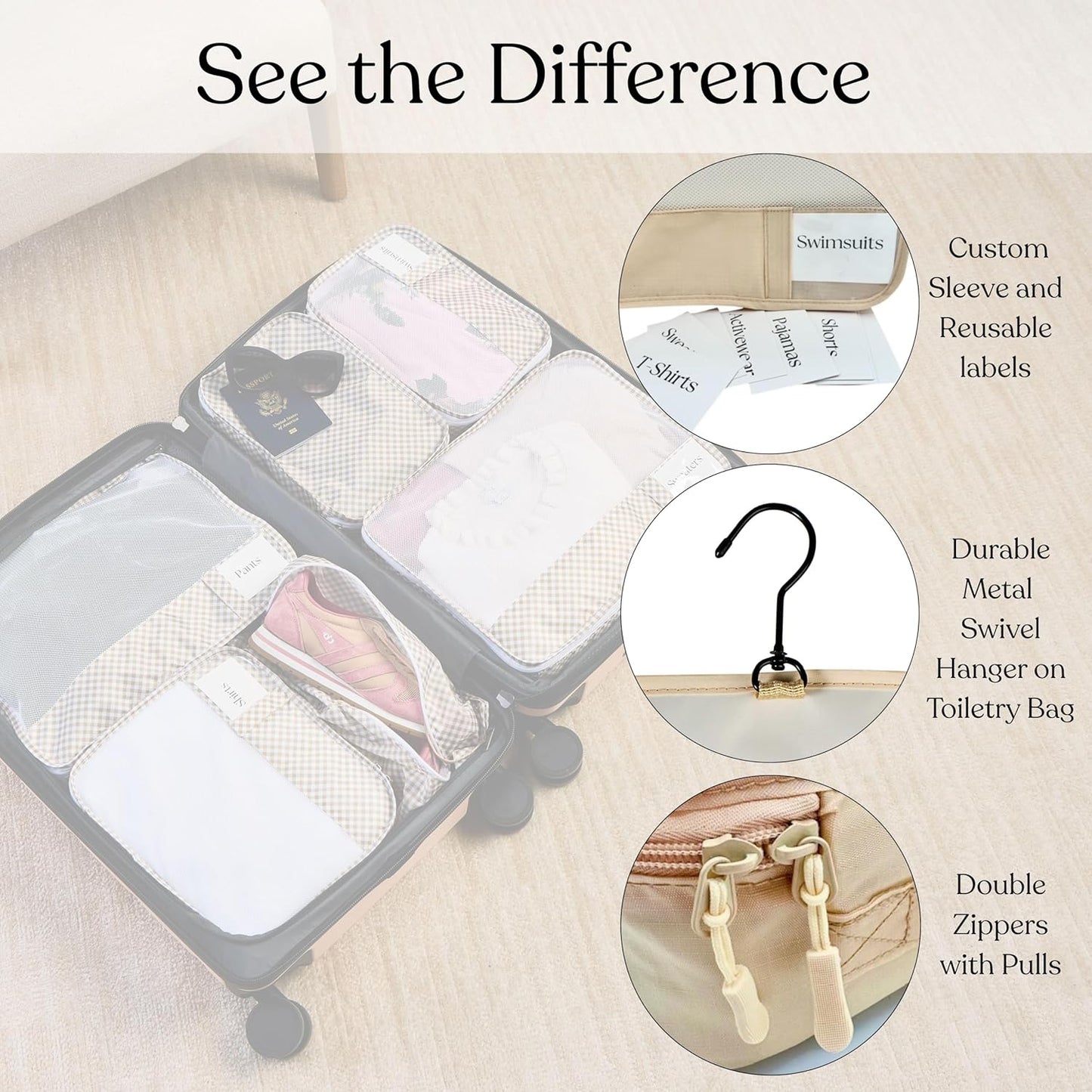 9 Set Packing Cubes - Suitcase Organizer, Cute Packing Cubes, Travel Bags Organizer for Luggage with Hanging Toiletry and Shoe Bag, Travel Essentials for Women, Men and Kids -Gold