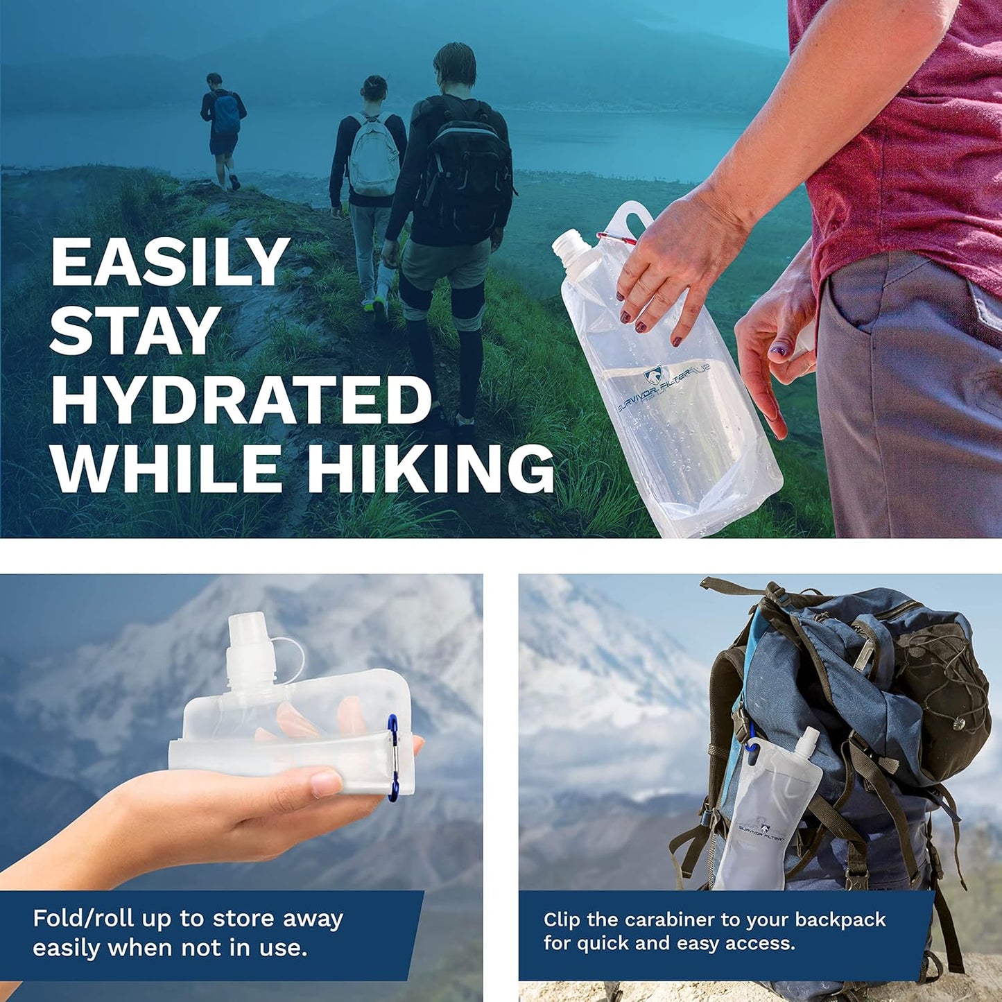 Survivor Filter Clear Collapsible Water Bottles - Travel, Hiking, Foldable, BPA-Free - 2 x