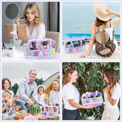 Snack Bag for Travel - Chenille Letter Clear Makeup Bag, Large Preppy Patch Snack Cosmetic Bag with Handle and Zipper, Cute Makeup Pouch Nylon&PVC Waterproof Toiletry Organizer Storage for Women Girls