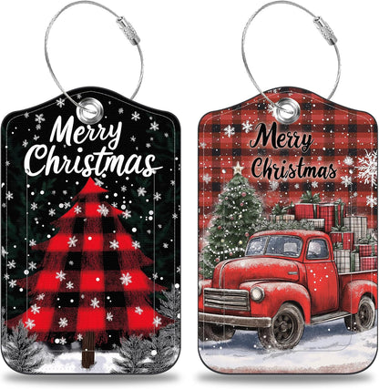 2 Pcs Red and Black Checkered Christmas Tree Luggage Tags for Suitcases PU Leather Truck Baggage Tags Name ID Label with Privacy Cover and Stainless Steel Loop for Men Women Travel Bag Suitcase