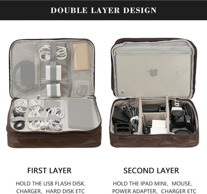 Electronics Accessories Organizer Bag, Waterproof Double LayerTravel Cable Organizer Case for Cords, Charger, Power Bank,Hard Drive, Mouse -Shockproof Tech Storage Pouch (Classic-two layers-Brown)
