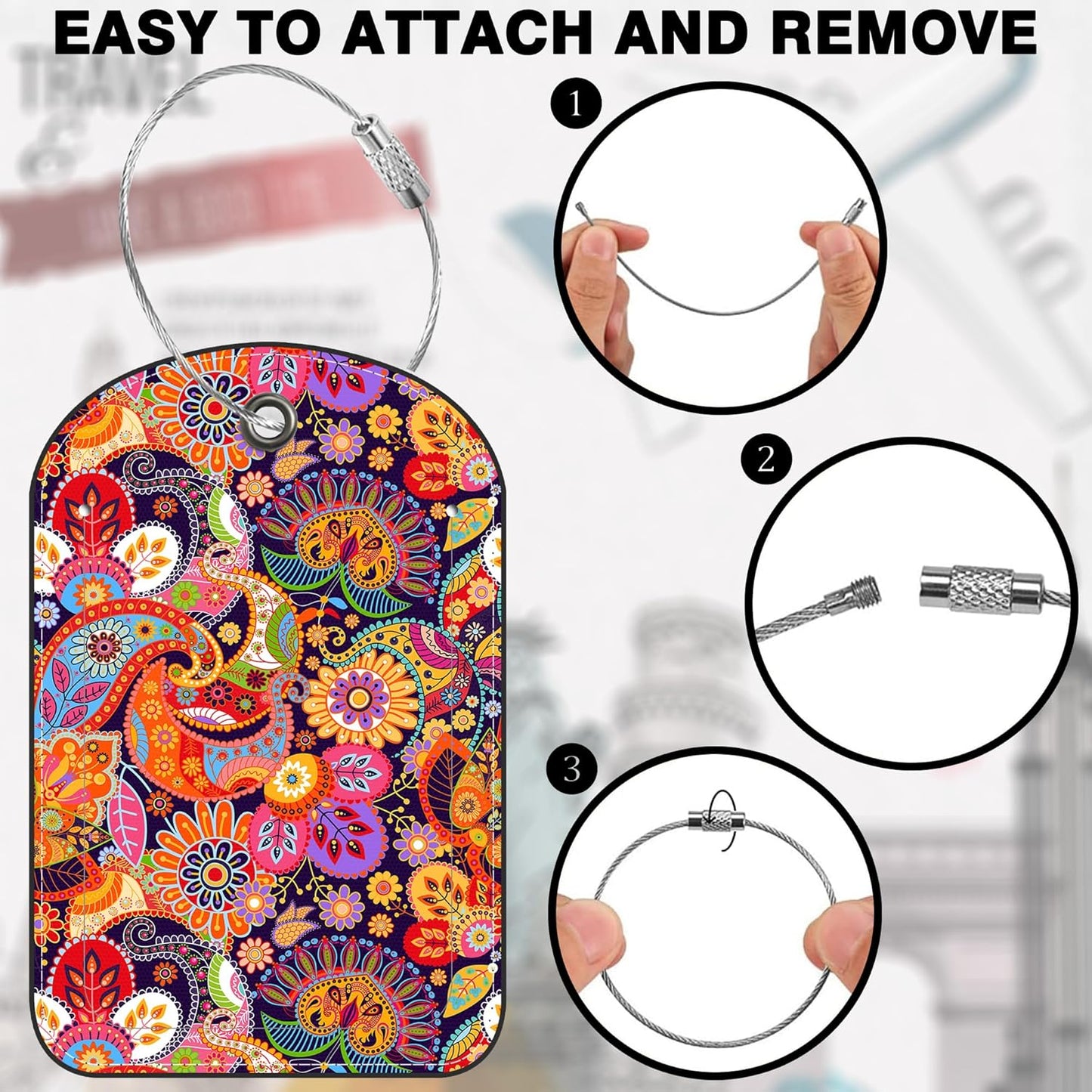 2 PCS Leather Luggage Tags for Suitcase Boho Colorful Paisley Travel Luggage Tag with Privacy Flap Name ID Label and Metal Loop for Travel Bag Suitcase