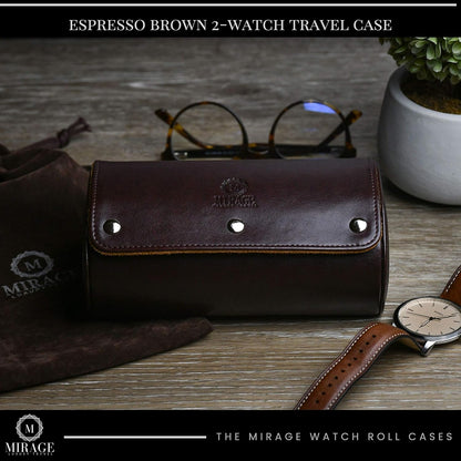 2 Watch Travel Case for Men Vegan Leather Watch Roll Case Organizer and Display - Elegant Gift - Espresso Brown Vegan Leather