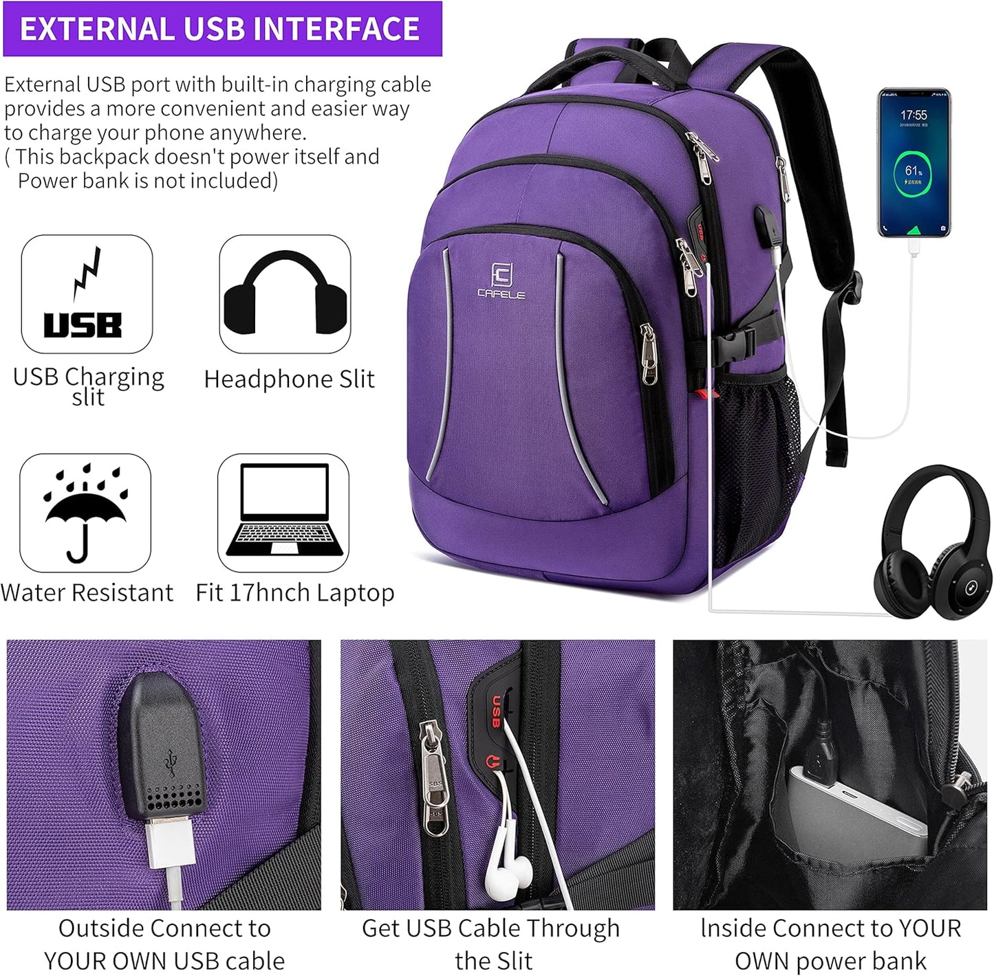 Travel Laptop Backpack,17.3 Inch Large Capacity College School Bookbags,RFID Anti Theft Pocket,Durable Water Resistant Backpacks Computer bagpack for Women Girls Teenagers Casual Daypack,Purple